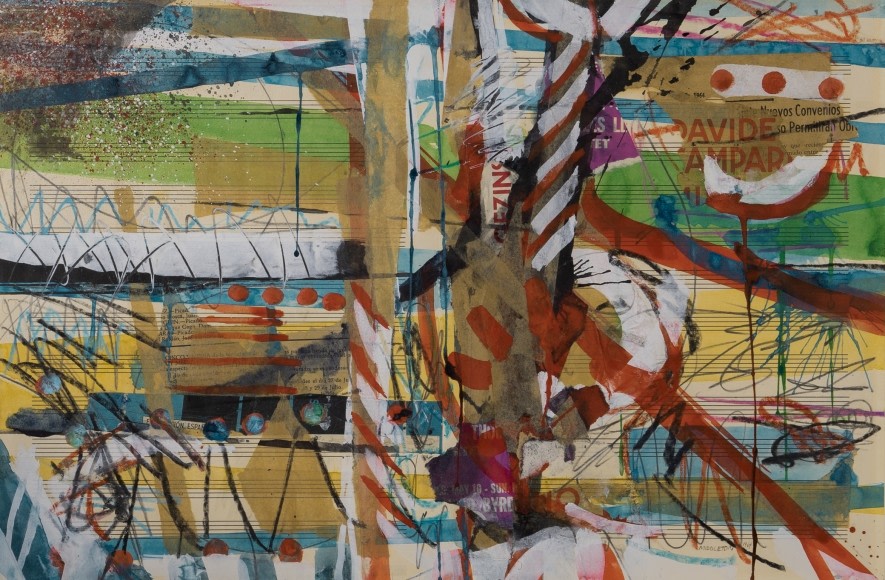 Sam Middleton, Byrd, 1967, Mixed media collage, 12-1/2 x 19 inches, Signed and dated lower right. Multi-layered abstract work with varying pieces of paper with type, gestural marks and paint splatters. Sam Middleton was one of the leading 20th-century American artists, and is a mixed-media collage artist.