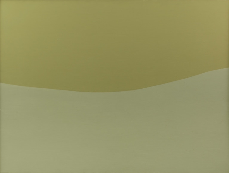 Felrath Hines, Beige Green, 1968, Oil on canvas, 36 x 48 inches. Canvas split in half organically between two hues of green. Felrath Hines worked to create universal visual idioms from a place of complex personal experience. His figurative and cubist-style artwork morphed into soft-edged organic abstracts as he grappled with hues in his chosen oil medium.