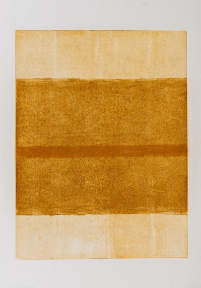 Felrath Hines,  Untitled, 1982,  Monotype,  24 x 18 inches. Vertical rectangles in earthy tan and brown colors. Felrath Hines worked to create universal visual idioms from a place of complex personal experience. His figurative and cubist-style artwork morphed into soft-edged organic abstracts as he grappled with hues in his chosen oil medium.