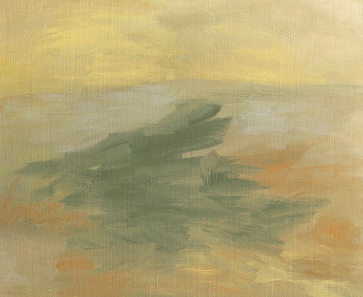 Felrath Hines, Untitled, 1962, Oil on canvas, 15 x 18 inches. Organic and abstract brush strokes in natural earth tones; green, tan and orange. Felrath Hines worked to create universal visual idioms from a place of complex personal experience. His figurative and cubist-style artwork morphed into soft-edged organic abstracts as he grappled with hues in his chosen oil medium.