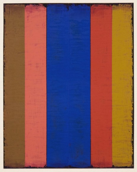 Steven Alexander, P20-18, 2018, Oil &amp; acrylic on paper, 10 x 8 inches. Five rectangles with varying thickness in; brown, pink, royal blue, orange and yellow. Steven Alexander is an American artist who makes abstract paintings characterized by luminous color, sensuous surfaces and iconic configurations.