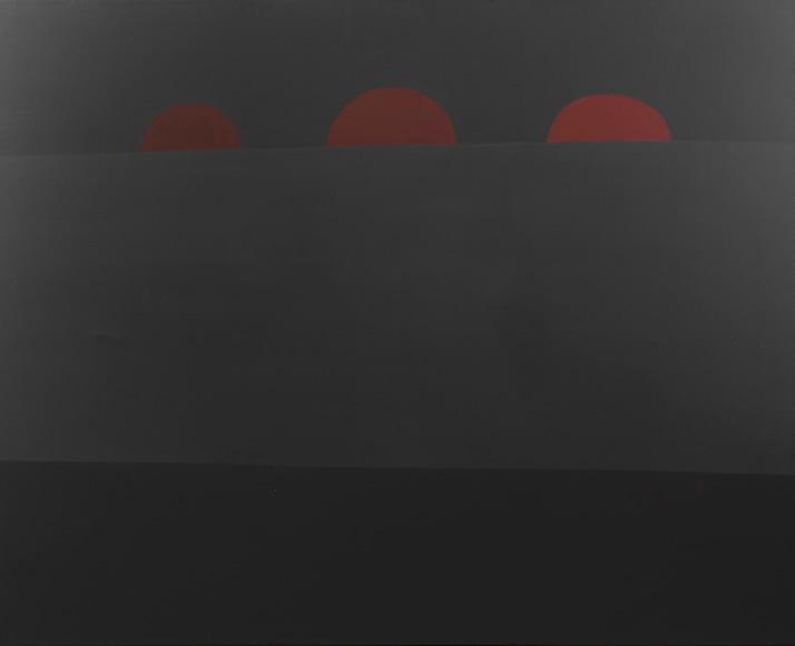 Felrath Hines, Untitled, 1981, Oil on canvas, 48 x 60 inches. Dark blue and black horizontal rectangles with red half moon shapes on top. Felrath Hines worked to create universal visual idioms from a place of complex personal experience. His figurative and cubist-style artwork morphed into soft-edged organic abstracts as he grappled with hues in his chosen oil medium.