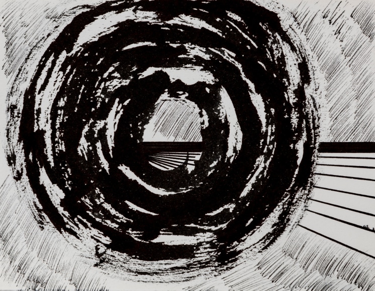 Felrath Hines, Untitled, 1977,  Ink on paper,  5 x 6.5 inches,  Unsigned. Thick circular ink lines surrounded by smaller thin vertical lines. Felrath Hines worked to create universal visual idioms from a place of complex personal experience. His figurative and cubist-style artwork morphed into soft-edged organic abstracts as he grappled with hues in his chosen oil medium.