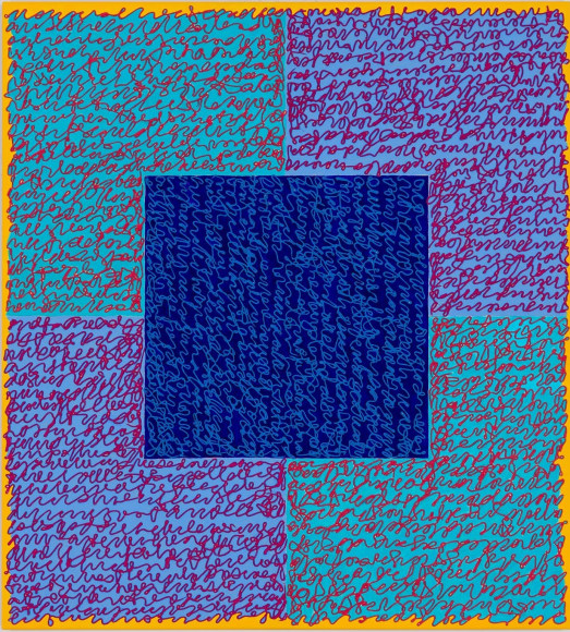 Louise P. Sloane, Fated 5, 2016, Acrylic paint and pastes on Aluminum Panel, 40 x 36 inches, Signed, titled and dated on verso, four rectangles and a central square (turquoise, blue, and yellow edges) with personal text written over the squares in pink and light blue to create three dimensional texture. Louise P. Sloane has been creating abstract paintings since 1974.