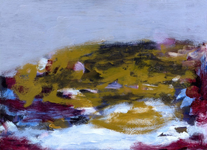 Felrath Hines, Untitled, 1954, Oil on canvas, 14 x 18 inches. Abstract painting with pale blue textured background and organic, soft ochre and Burgundy colors in the foreground. Felrath Hines worked to create universal visual idioms from a place of complex personal experience. His figurative and cubist-style artwork morphed into soft-edged organic abstracts as he grappled with hues in his chosen oil medium.