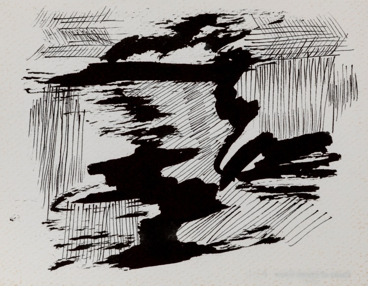 Felrath Hines, Untitled, 1977,  Ink on paper,  5 x 6.5 inches, Unsigned. Organic curved ink shapes with vertical and horizontal thin strokes. . Felrath Hines worked to create universal visual idioms from a place of complex personal experience. His figurative and cubist-style artwork morphed into soft-edged organic abstracts as he grappled with hues in his chosen oil medium.