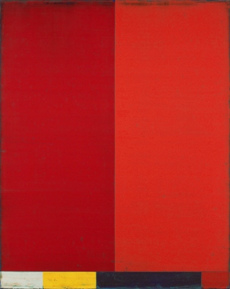 Steven Alexander, Transfer 1, 2012, Oil and acrylic on linen, 50 x 40 inches, Signed, and titled, on the verso, Vertical rectangles in burgundy and red with horizontal rectangles on the bottom of the panel in cream, yellow, black and red, Steven Alexander is an American artist who makes abstract paintings characterized by luminous color, sensuous surfaces and iconic configurations.