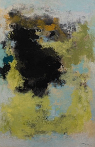 Felrath Hines, Pond, Oil on canvas. Abstract painting with organic shapes and natural earth tones. Felrath Hines worked to create universal visual idioms from a place of complex personal experience. His figurative and cubist-style artwork morphed into soft-edged organic abstracts as he grappled with hues in his chosen oil medium.