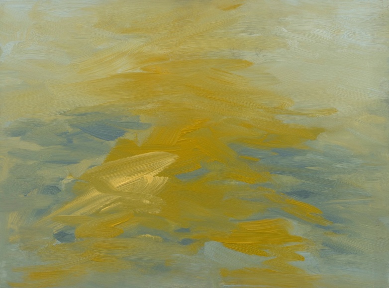 Felrath Hines, Abstract, 196, Oil on canvas, 12 x 16 inches. Abstract painting with clear brush strokes in, green, orange, and blue. Felrath Hines worked to create universal visual idioms from a place of complex personal experience. His figurative and cubist-style artwork morphed into soft-edged organic abstracts as he grappled with hues in his chosen oil medium.