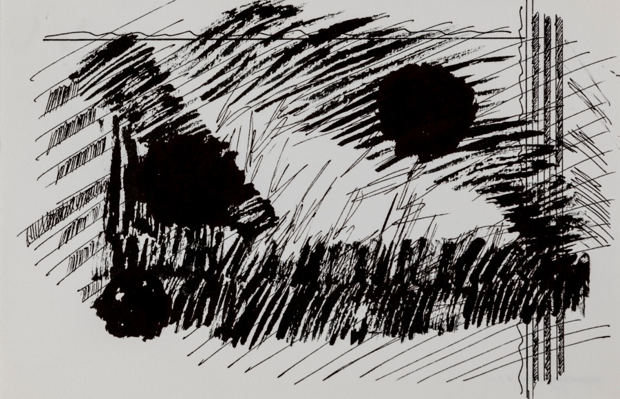 Felrath Hines,  Untitled, 1977, Ink on paper,  5 x 9.75 inches, Unsigned.Large spherical ink blots with vertical lines and scribbles. Felrath Hines worked to create universal visual idioms from a place of complex personal experience. His figurative and cubist-style artwork morphed into soft-edged organic abstracts as he grappled with hues in his chosen oil medium.