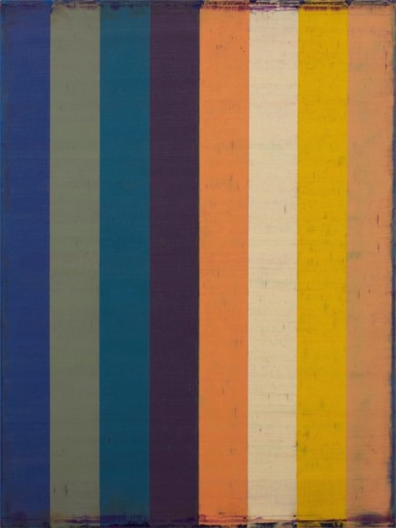 Steven Alexander, TRACER 2, 2014, Oil and acrylic on canvas, 32 x 24 inches. Eight thin vertical rectangles. The first four in muted cool colors and the next four in vibrant warm colors. Steven Alexander is an American artist who makes abstract paintings characterized by luminous color, sensuous surfaces and iconic configurations.