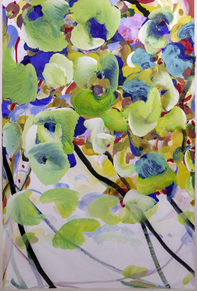 Jasmina Danowski, Everything Gets Talked About, 2011, Gesso and ink on paper 60 x 40 inches, Abstract work with blue, green and white marks, Jasmina Danowski creates abstract paintings that are rich in color and texture.