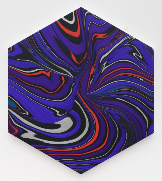 Andy Moses, Geodynamics, 1011, 2019  Acrylic on canvas over hexagonal shaped wood panel  55 x 48 inches