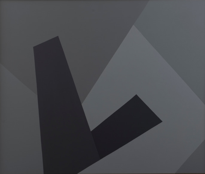 Felrath Hines, Accent, 1985, Oil on canvas, 30 x 36 inches. Light blue canvas with dark blue and white geometric triangular shapes. Felrath Hines worked to create universal visual idioms from a place of complex personal experience. His figurative and cubist-style artwork morphed into soft-edged organic abstracts as he grappled with hues in his chosen oil medium.