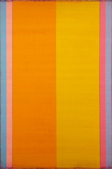 Steven Alexander, Reverb 9, 2017, Oil and acrylic on linen, 72 x 48 inches, Signed and titled on the verso. Vertical rectangles in orange, yellow, pinks, purple and blue, Steven Alexander is an American artist who makes abstract paintings characterized by luminous color, sensuous surfaces and iconic configurations.