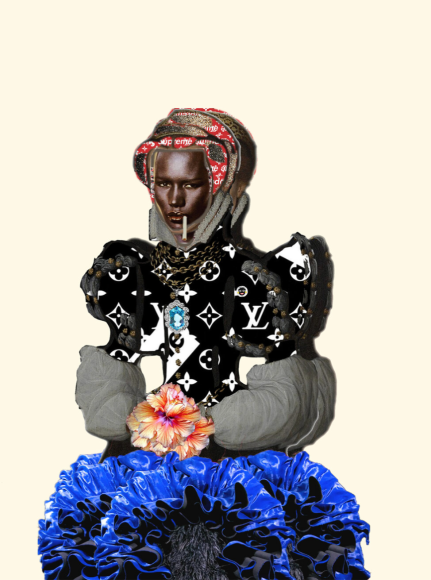 Heads of State No. 11, 2023, Mixed media, collage, analog photography, lacquers, mixed crystals, canvas, and paper on panel