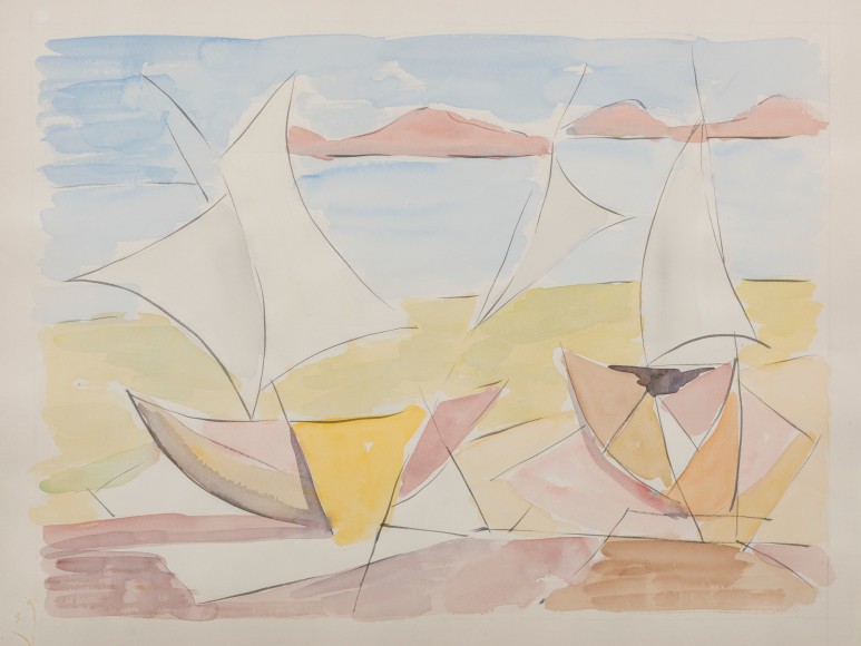 Untitled (Boats), 1952, Watercolor and ink on paper