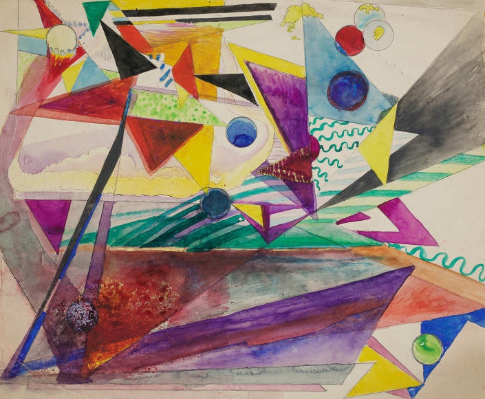 Hilla Rebay, Abstract Composition, Watercolor on paper, 14 x 16-1/2 inches, colorful watercolor painting of various triangles and spheres. Hilla Rebay was an abstract artist and co-founder of the Guggenheim.