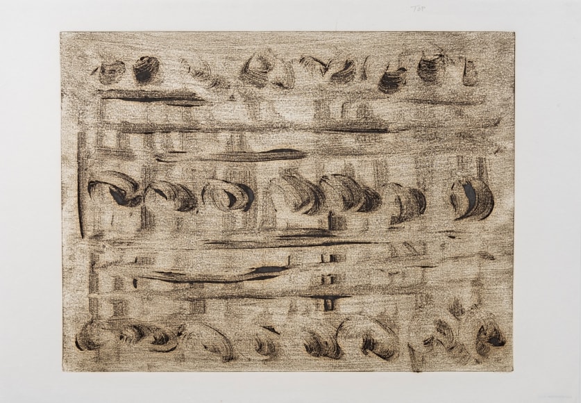 Felrath Hines, Untitled, 1982,  Monotype,  18 x 24 inches. Organic swirls and black brush strokes. Felrath Hines worked to create universal visual idioms from a place of complex personal experience. His figurative and cubist-style artwork morphed into soft-edged organic abstracts as he grappled with hues in his chosen oil medium.