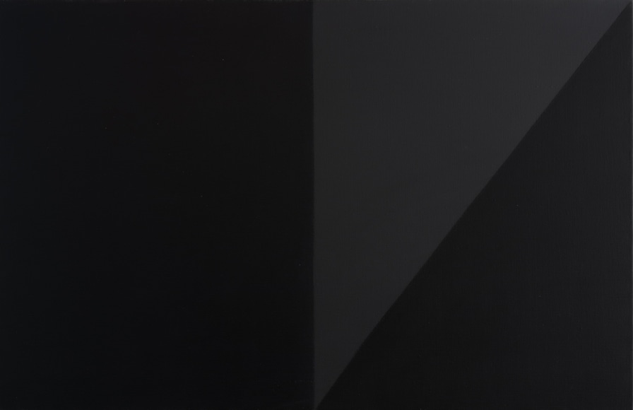 Felrath Hines, Untitled, 1970s,  Oil on canvas,  26 x 40 inches. Dark canvas with geometric shapes. Felrath Hines worked to create universal visual idioms from a place of complex personal experience. His figurative and cubist-style artwork morphed into soft-edged organic abstracts as he grappled with hues in his chosen oil medium.