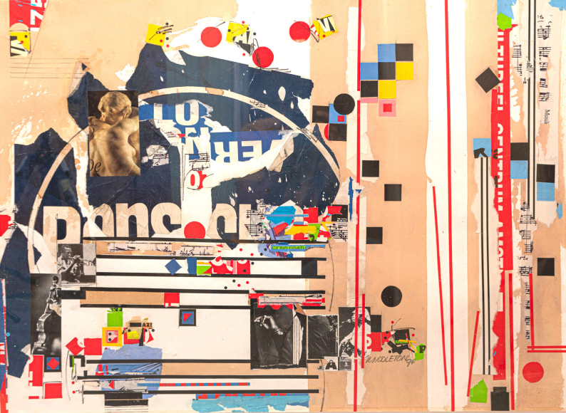 Sam Middleton, The Kiss, 1994, Mixed media collage, 30 1/2 x 41 1/2 in., Signed and dated, lower right. Abstract work with checkered squares, primary colors, and organic shapes. Sam Middleton was one of the leading 20th-century American artists, and is a mixed-media collage artist.