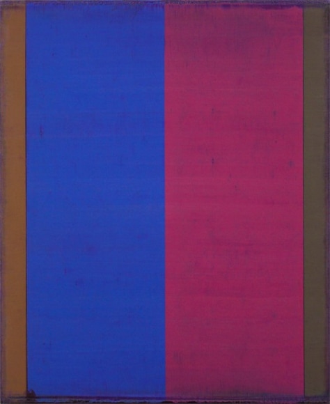 Steven Alexander, Reverb 19, 2017, Oil and acrylic on canvas, 22 x 18 inches, Signed and titled on the verso, Vertical rectangles in cobalt blue and magenta with brown border, Steven Alexander is an American artist who makes abstract paintings characterized by luminous color, sensuous surfaces and iconic configurations.