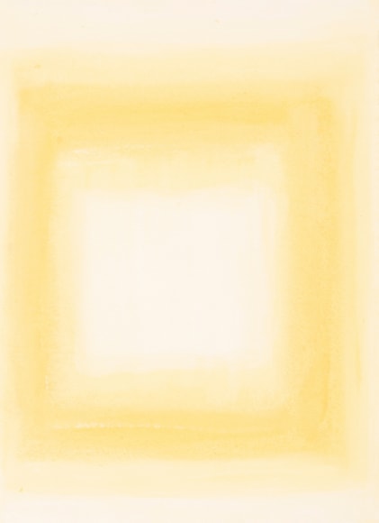 Felrath Hines, Untitled,  Watercolor on paper,  7.75 x 6 inches, Unsigned. Soft pastel yellow background with outlined yellow rectangle in the center of the frame. Felrath Hines worked to create universal visual idioms from a place of complex personal experience. His figurative and cubist-style artwork morphed into soft-edged organic abstracts as he grappled with hues in his chosen oil medium.