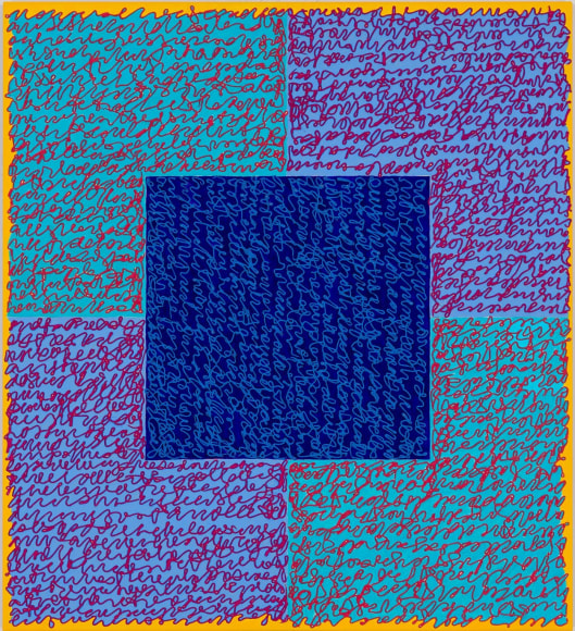 Louise P. Sloane, Fated 5, 2016, Acrylic paint and pastes on aluminum panel, 40 x 36 inches, four rectangles and a central square (teal, blue, and yellow edges) with personal text written over the squares in pink to create three dimensional texture. Louise P. Sloane has been creating abstract paintings since 1974.