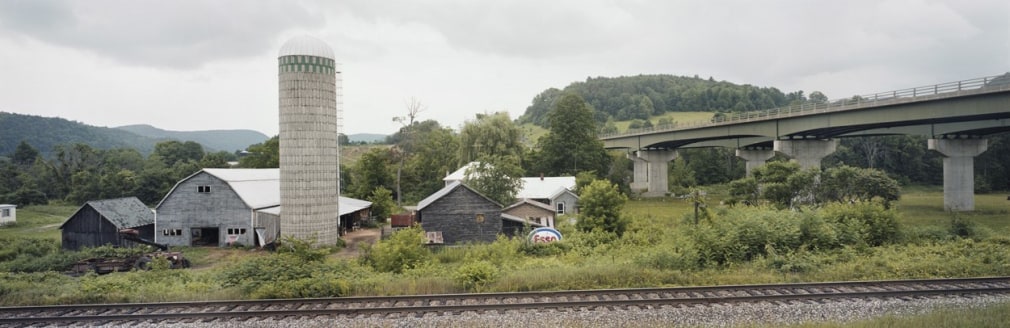Farmstead, tracks, overpass, near Lyndonville, Caledonia County, Vermont,