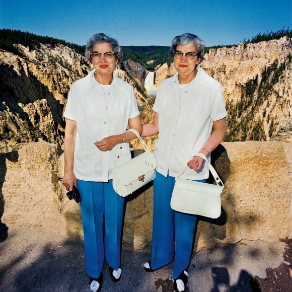 Twins with Matching Outfits at Lower Falls Overlook, Yellowstone National Park, Wyoming
