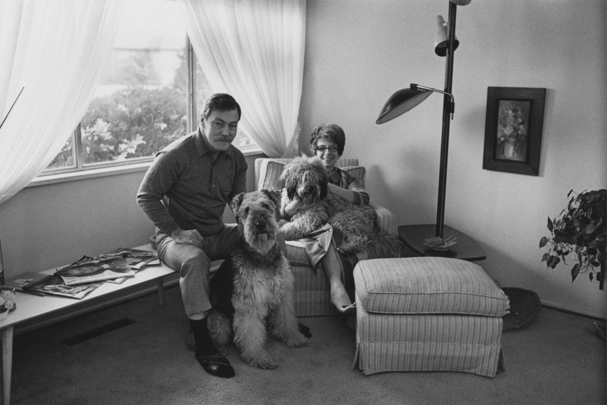 Jim and Judy Yardley with their dogs, Sport and Barney , 1968