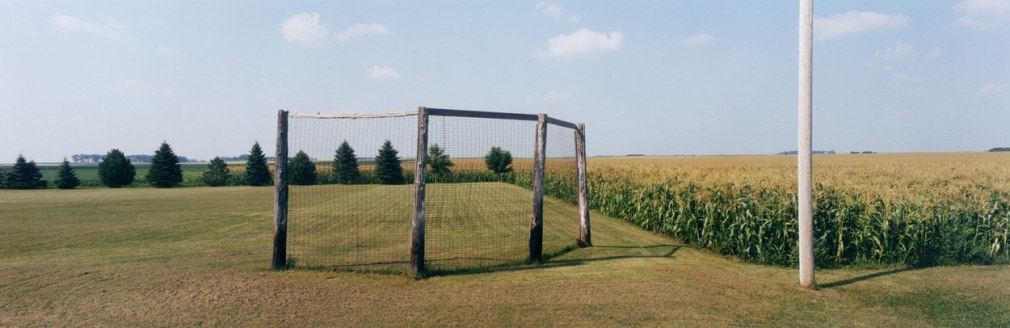 Baseball backstop, cornfield, highway 50, Stearns County, Minnesota