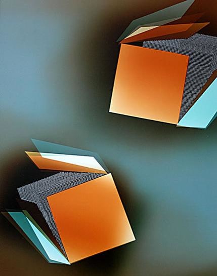 Two Orange and Blue Cubes on Gray, 2005