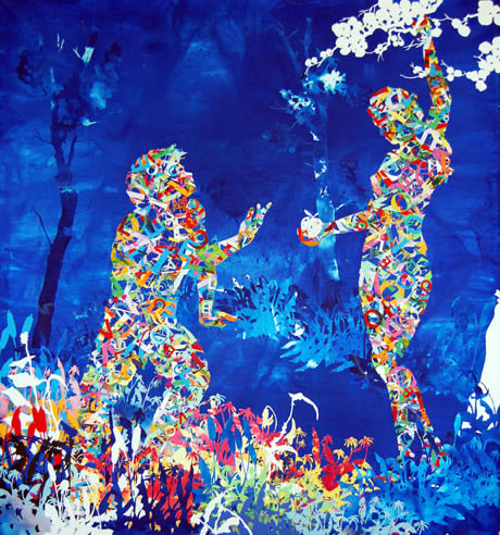 Salvation, 2009 58 x 55 inch collage and aniline, paper on canvas