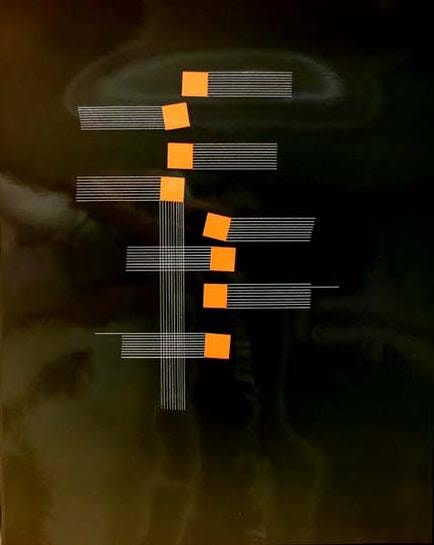 Eight Orange Squares on Brown with Seven Lines Horizontal and One Vertical, 2005