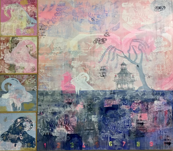 Wendy Arnold  Five Lone Goats, 2019  Acrylic and wax on canvas and board