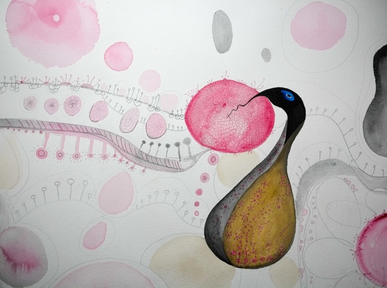 Honeyeater Suckles and Becomes A Coolamon TreeWatercolour Ink, Pencil, Powdered Graphite on Arches Paper  76 cm x 106 cm  2018