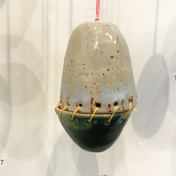 Amanda Humphries, Three of Us, (2 pieces) recycled stoneware, thread, bell, wedding dress & kimono fabric 2018