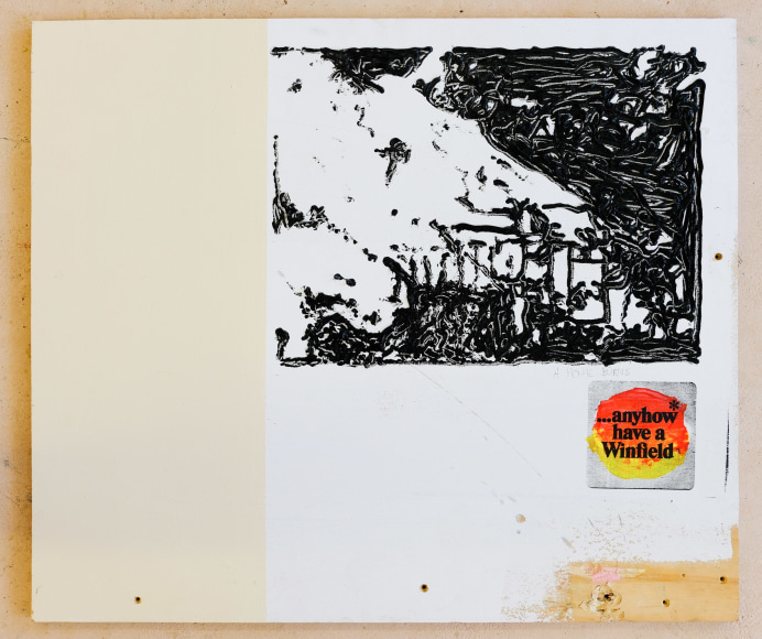 Jacob Boylan  A House Burns, 2020  Silkscreen, silicon & acrylic house paint on plywood  64h x 74w cm