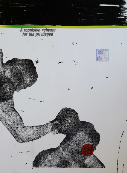Jacob Boylan  Bloodsport, 2020  Acrylic, silicon, electrical tape & collage on plywood  121h x 90w cm