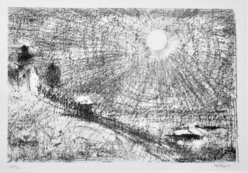 Lloyd Rees The Sun at Sandy Bay. A Day on the Derwent, 1984 Sandy Bay Set Lithograph Printed by Fred Genis