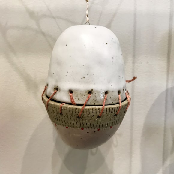 Amanda Humphries, Closed Loop Circuit (Fading Lucretius) recycled stoneware with thread, bell, wire, beads 2018