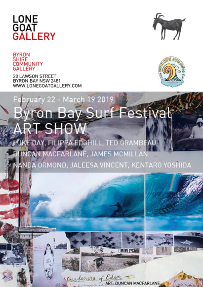 Byron Bay Surf Festival Art Show, Lone Goat Gallery exhibition Postcard 2019