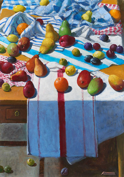 Paul Wonner (1920-2008, Fruit and Kitchen Towels on a Big Table, 2001