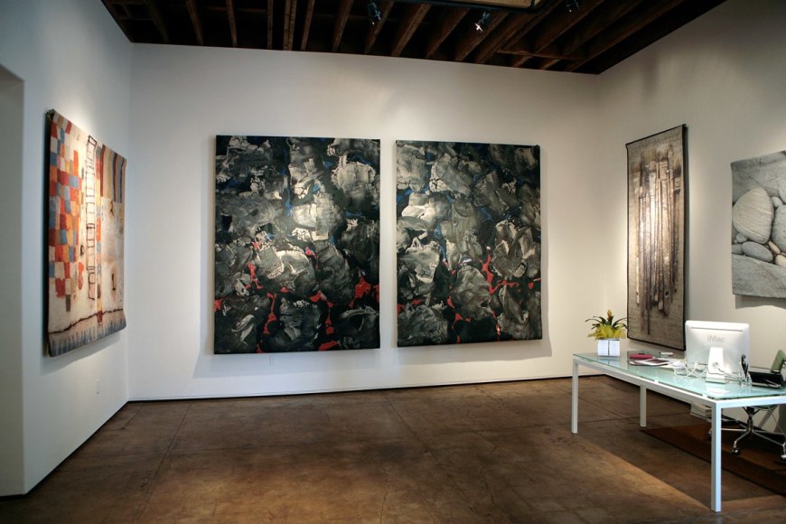 Installation photograph of Tapestries exhibition, Squeak Carnwath, Ed Moses, Alan Magee