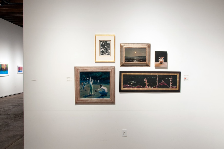 Installation photograph of The Winter Salon II, 2019 with Sidney Gordin, Dan Lutz, Lockwood de Forest, Frederick Remahl, and Leslie Lewis Sigler