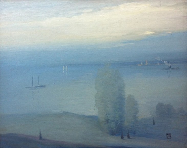 Leon Dabo painting Twilight Across the Hudson