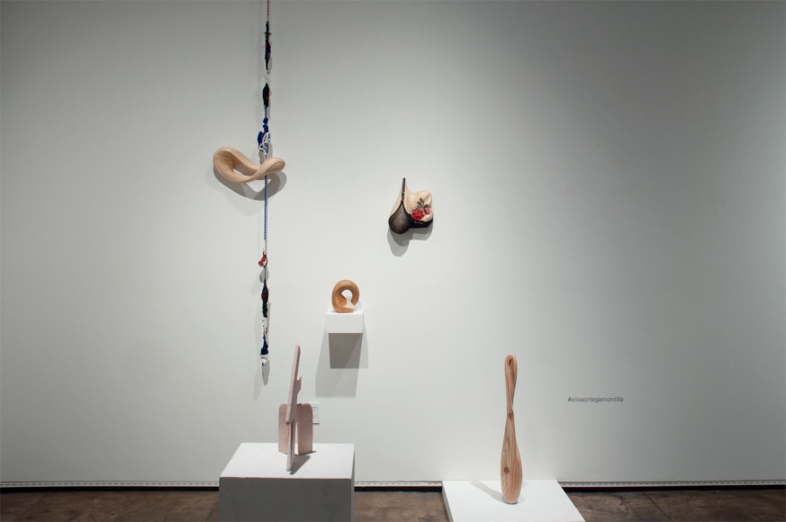 Installation shot of U.C.S.B. M.F.A. 20/20 Exhibition with pieces by Elisa Ortega Montilla and Nathan Hayden