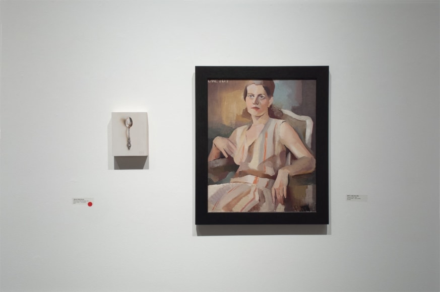 Installation photograph of JUXTAPOSED: The Art of Curation with works by Leslie Lewis Sigler and Betty Lane