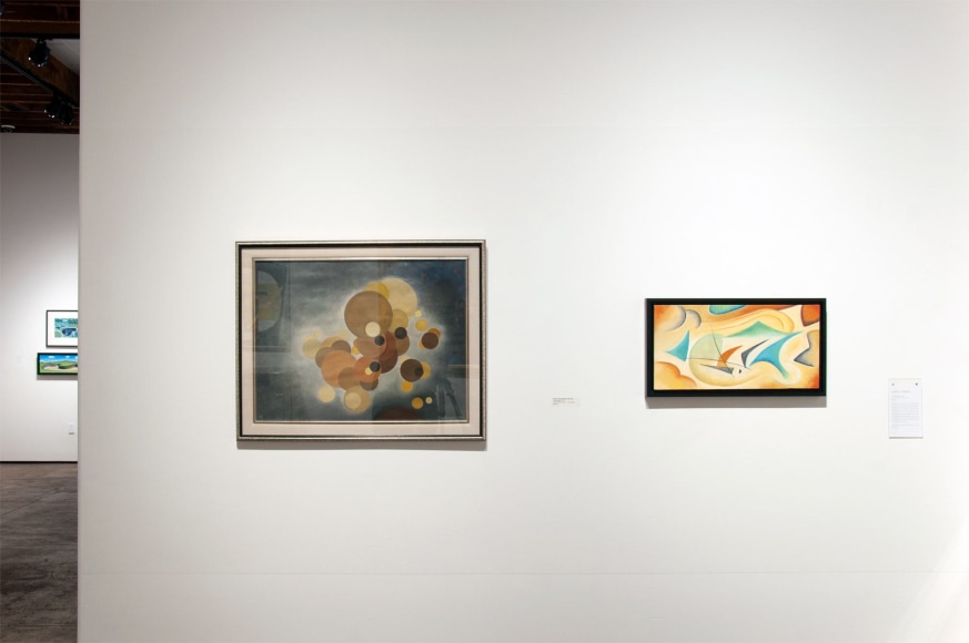 Installation photograph of CALIFORNIA BAUHAUS with Oskar Fischinger and Angela Perko